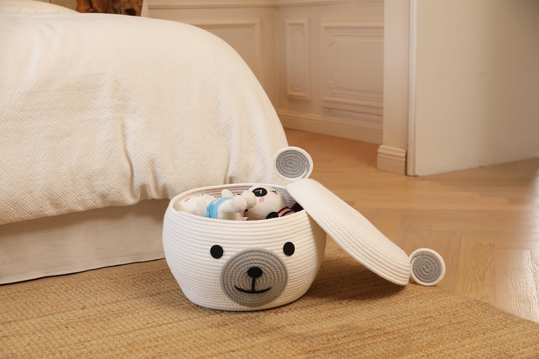 15x12 Inch Bear Hamper with Lid, Handcrafted Cotton Rope Animal Storage Basket, Woven Teddy Bear Bin for Kids Bedroom Playroom, White