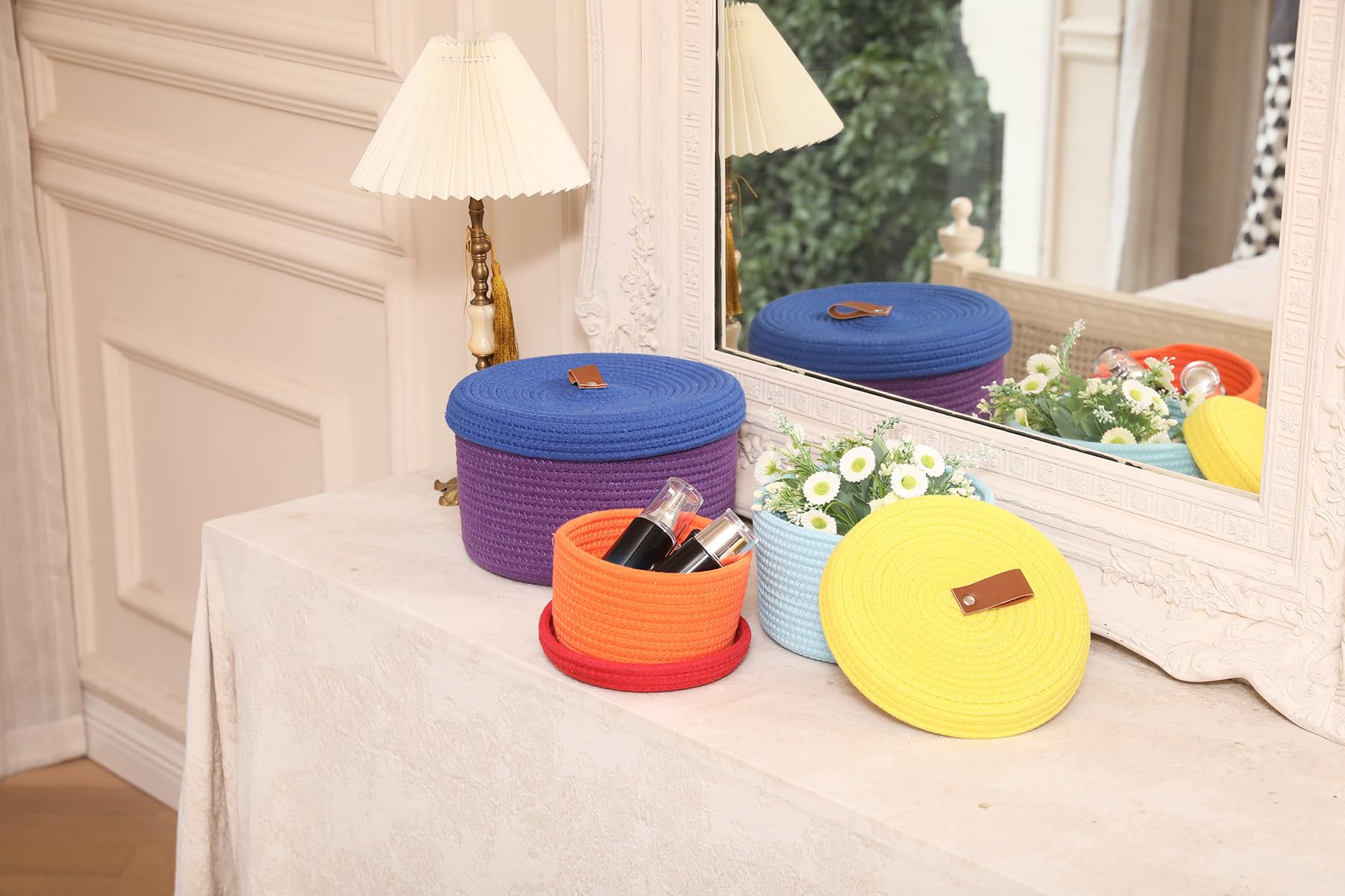 Set of 3 Small Woven Baskets with Lids, Cotton Rope Round Nesting Storage Basket Set for Shelf Nightstand Bathroom, 10x6 8x5 6x4 Inch, Rainbow Multicolor