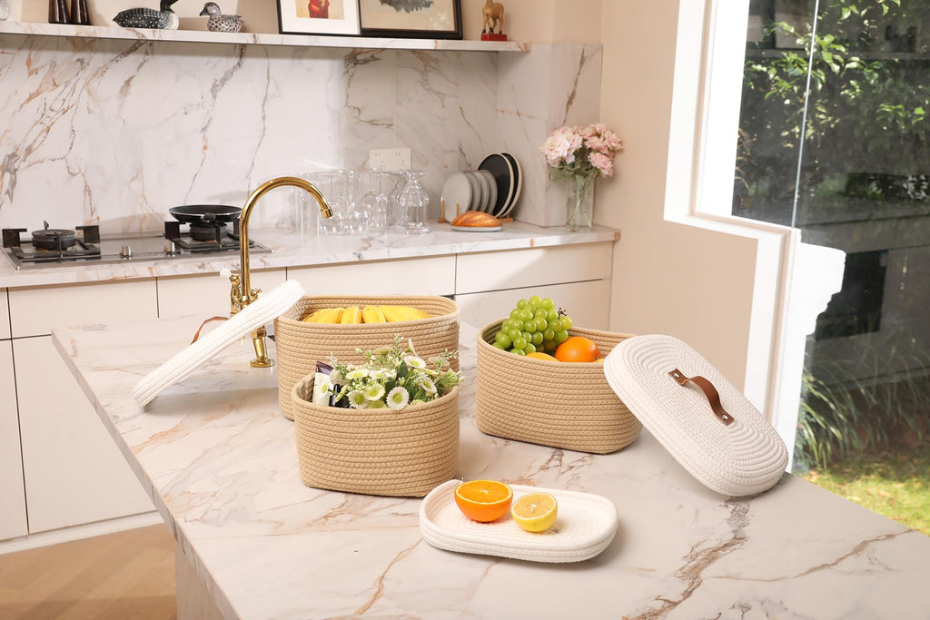 Set of 3 Nesting Woven Storage Baskets with Lids, Cotton Rope Decorative Basket Set for Shelf Closet Living Room Organizing, Rectangular Beige & White