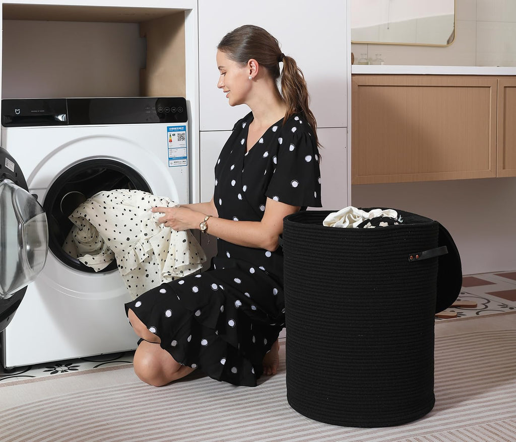 16"x20" Extra Large Cotton Rope Basket with Zipper Lid, Woven Laundry Hamper and Blanket Storage Basket, Round Clothes Bin for Living Room Bedroom, Black