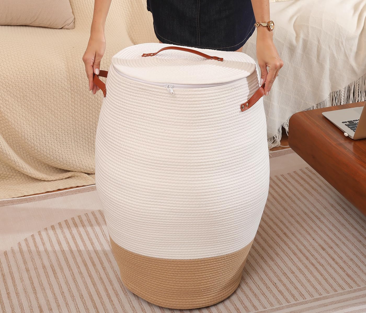 26"x20" Extra Large Tall Woven Laundry Basket with Lid, Cotton Rope Blanket Storage Basket, Freestanding Decorative Bin for Bedroom Living Room, Cream & Camel