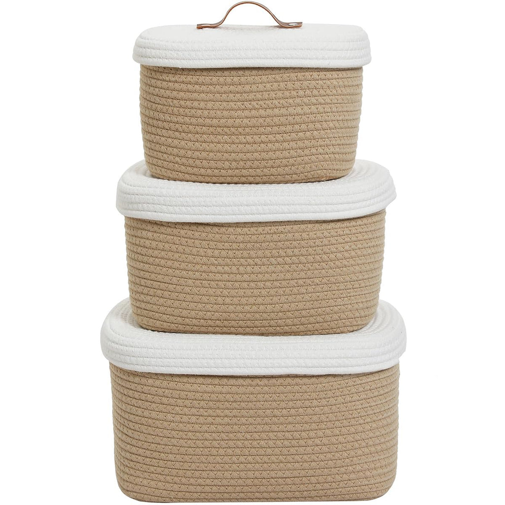 Set of 3 Nesting Woven Storage Baskets with Lids, Cotton Rope Decorative Basket Set for Shelf Closet Living Room Organizing, Rectangular Beige & White