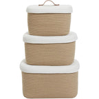 Set of 3 Nesting Woven Storage Baskets with Lids, Cotton Rope Decorative Basket Set for Shelf Closet Living Room Organizing, Rectangular Beige & White
