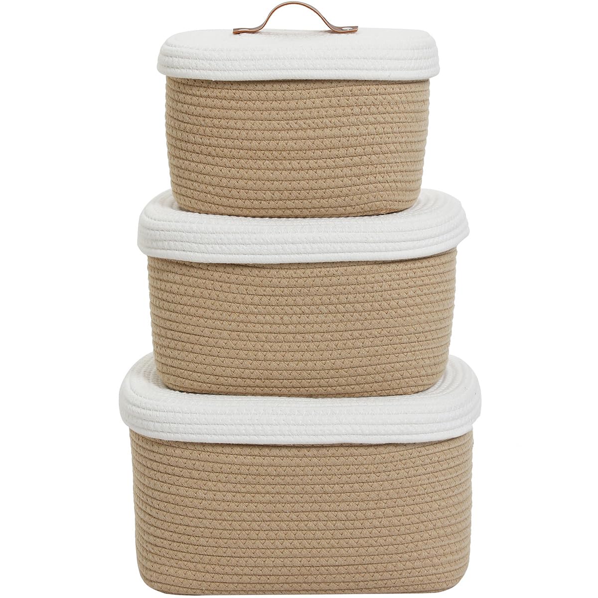 Set of 3 Nesting Woven Storage Baskets with Lids, Cotton Rope Decorative Basket Set for Shelf Closet Living Room Organizing, Rectangular Beige & White