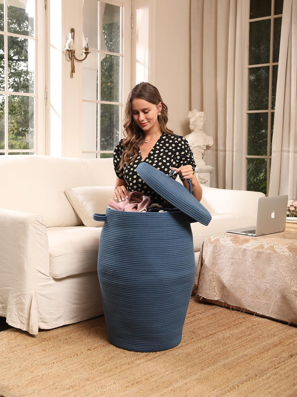 26"x20" Extra Large Tall Woven Laundry Basket with Lid, Cotton Rope Blanket Storage Basket, Freestanding Decorative Bin for Bedroom Living Room, Denim Blue
