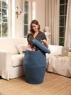 26"x20" Extra Large Tall Woven Laundry Basket with Lid, Cotton Rope Blanket Storage Basket, Freestanding Decorative Bin for Bedroom Living Room, Denim Blue