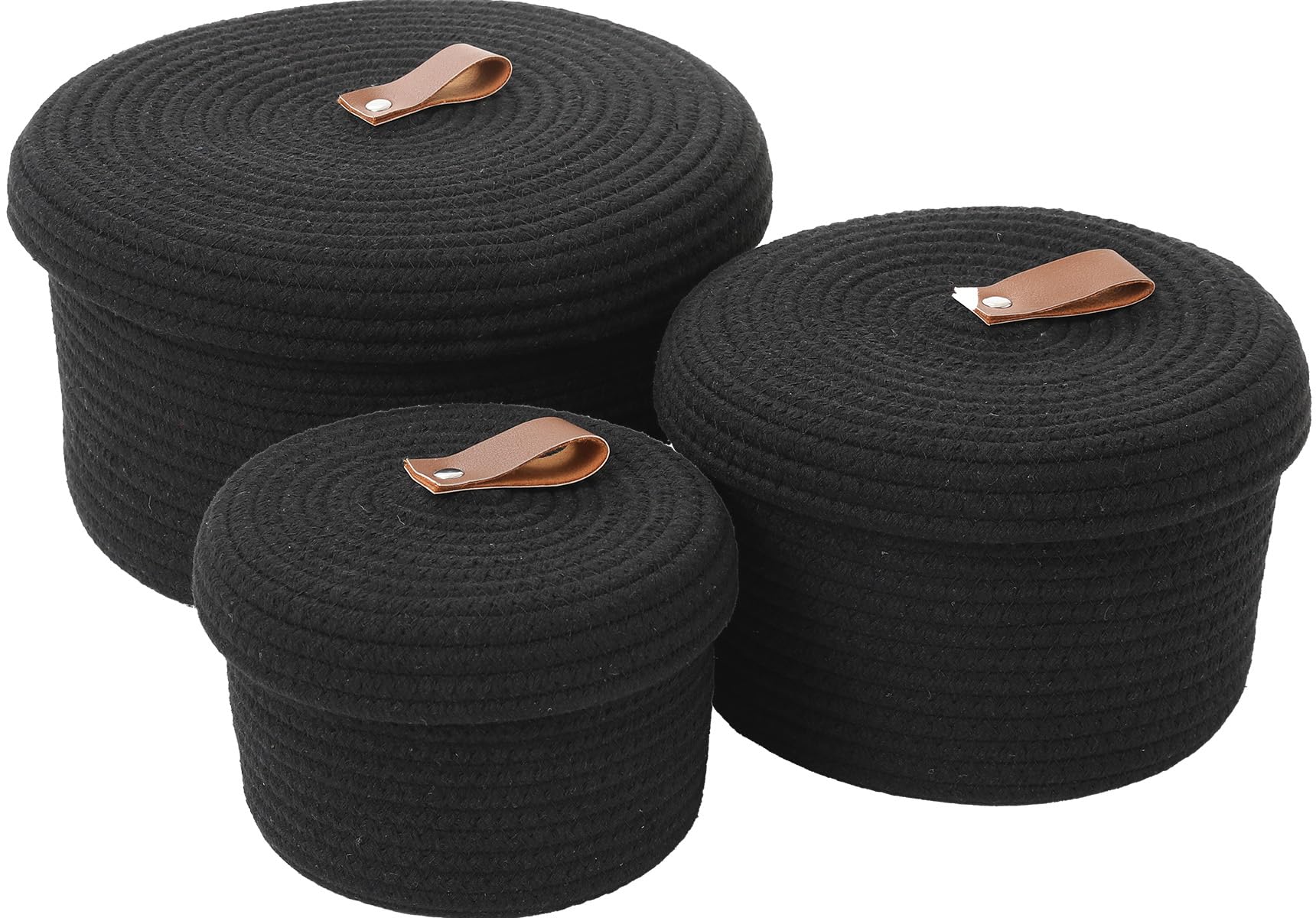 Set of 3 Small Woven Baskets with Lids, Cotton Rope Round Nesting Storage Basket Set for Shelf Nightstand Bathroom, 10x6 8x5 6x4 Inch, Black