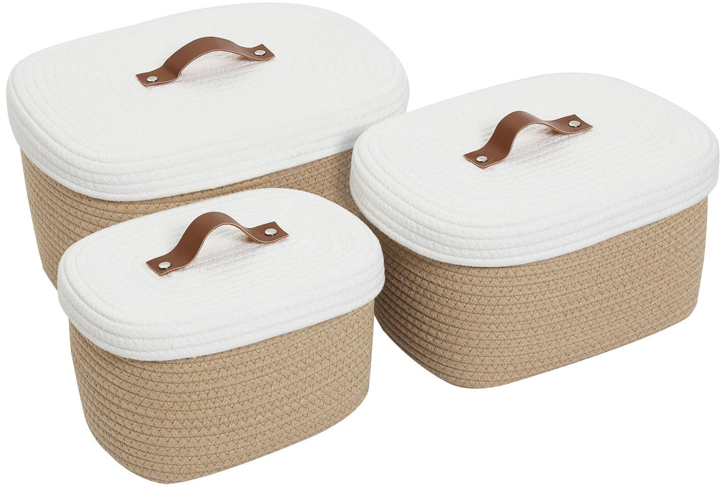 Set of 3 Nesting Woven Storage Baskets with Lids, Cotton Rope Decorative Basket Set for Shelf Closet Living Room Organizing, Rectangular Beige & White