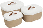 Set of 3 Nesting Woven Storage Baskets with Lids, Cotton Rope Decorative Basket Set for Shelf Closet Living Room Organizing, Rectangular Beige & White