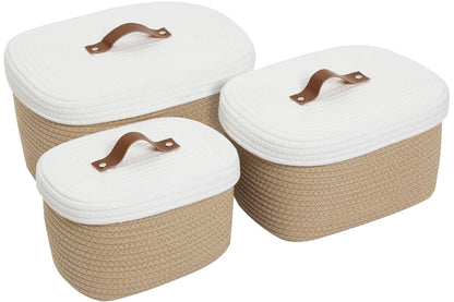 Set of 3 Nesting Woven Storage Baskets with Lids, Cotton Rope Decorative Basket Set for Shelf Closet Living Room Organizing, Rectangular Beige & White