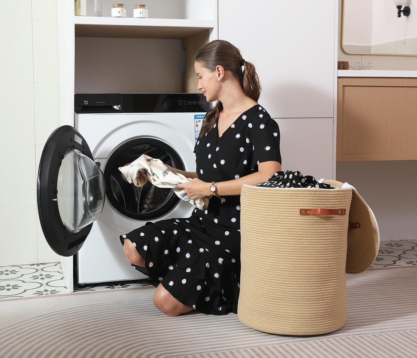16"x20" Extra Large Cotton Rope Basket with Zipper Lid, Woven Laundry Hamper and Blanket Storage Basket, Round Clothes Bin for Living Room Bedroom, Beige
