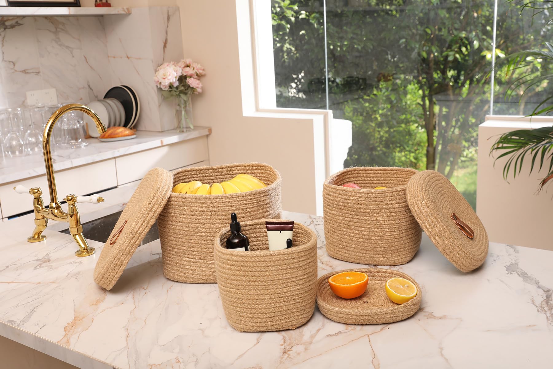 Cottonphant Set of 3 Stylish Rectangular Woven Baskets with Lids - Elegant Storage Solution for Home Decor and Organization, Jute