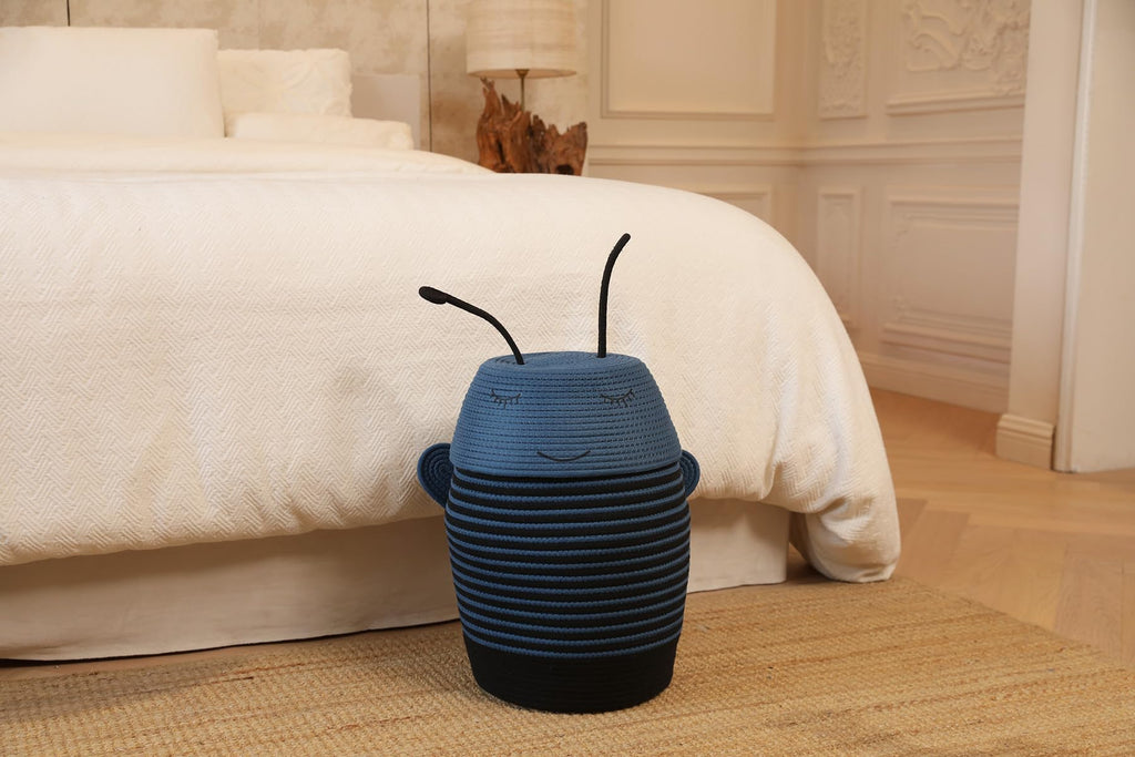 12x18 Inch Bee Basket with Lid, Handcrafted Cotton Rope Animal Storage Bin, Striped Bumble Bee Decor for Kids Bedroom Playroom, Blue