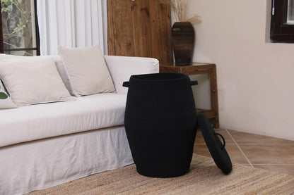 26"x20" Extra Large Tall Woven Laundry Basket with Lid, Cotton Rope Blanket Storage Basket, Freestanding Decorative Bin for Bedroom Living Room, Jute & White