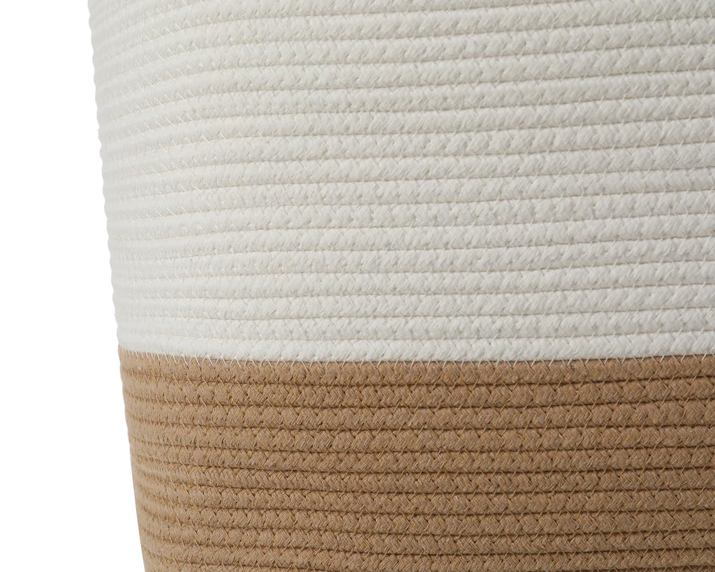 22x14x18 Inch Extra Large Rectangular Cotton Rope Basket with Zipper Lid, Decorative Blanket Storage Chest for Living Room Bedroom, Cream & Camel