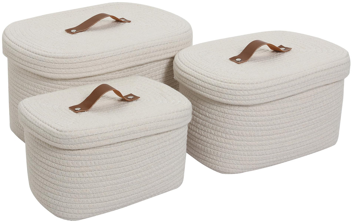 Set of 3 Nesting Woven Storage Baskets with Lids, Cotton Rope Decorative Basket Set for Shelf Closet Living Room Organizing, Rectangular Off White