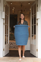 26"x20" Extra Large Tall Woven Laundry Basket with Lid, Cotton Rope Blanket Storage Basket, Freestanding Decorative Bin for Bedroom Living Room, Denim Blue