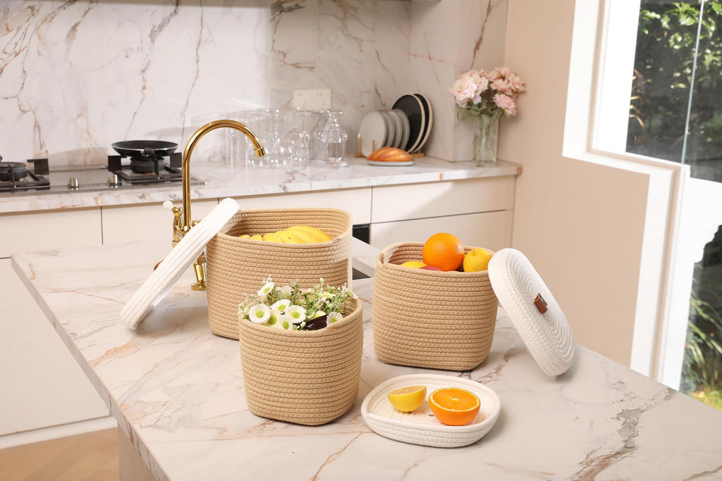 Set of 3 Nesting Woven Storage Baskets with Lids, Cotton Rope Decorative Basket Set for Shelf Closet Living Room Organizing, Square Beige & White