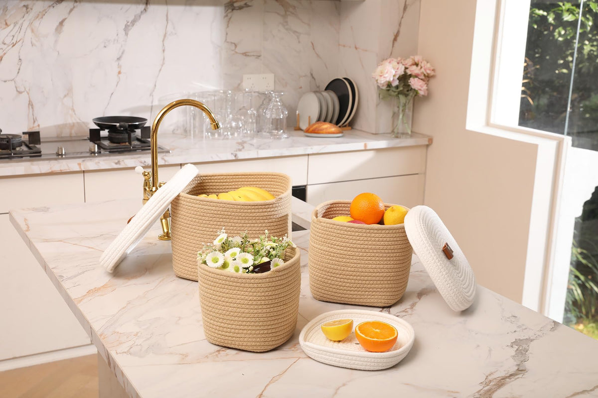Set of 3 Nesting Woven Storage Baskets with Lids, Cotton Rope Decorative Basket Set for Shelf Closet Living Room Organizing, Square Beige & White