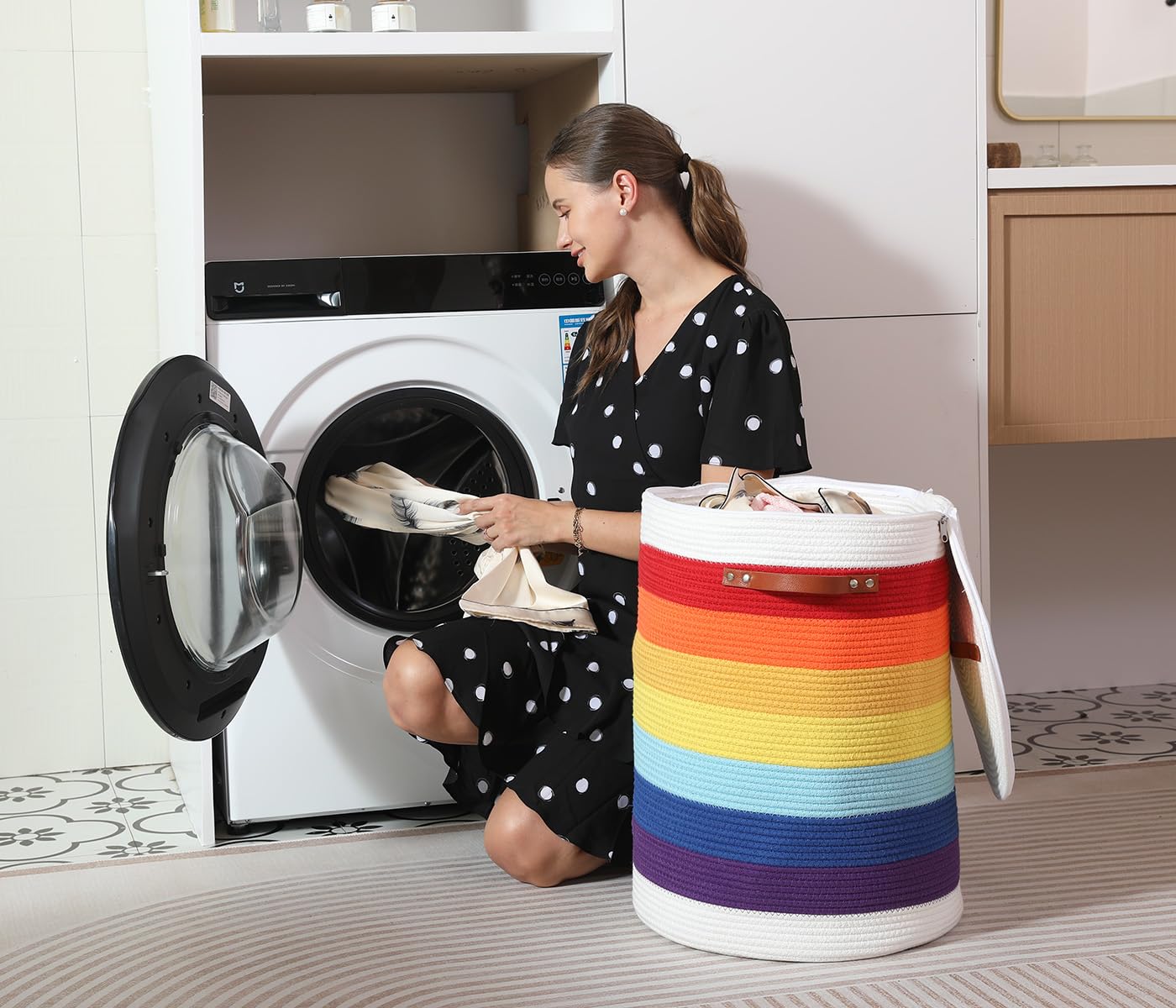 16"x20" Extra Large Cotton Rope Basket with Zipper Lid, Woven Laundry Hamper and Blanket Storage Basket, Round Clothes Bin for Living Room Bedroom, Rainbow & White