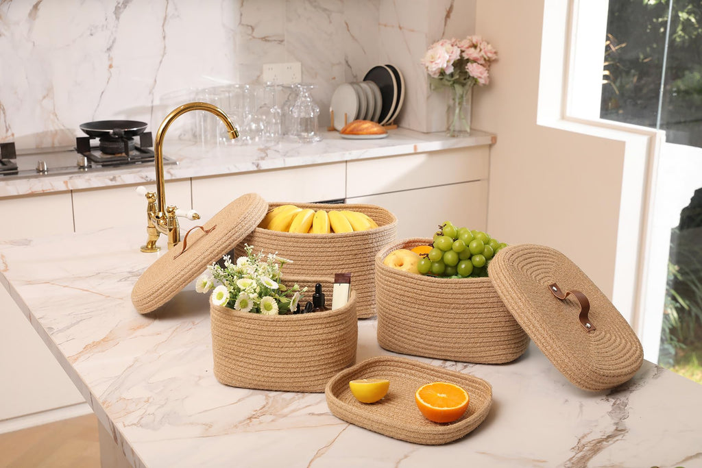 Set of 3 Nesting Woven Storage Baskets with Lids, Cotton Rope Decorative Basket Set for Shelf Closet Living Room Organizing, Rectangular Natural Jute