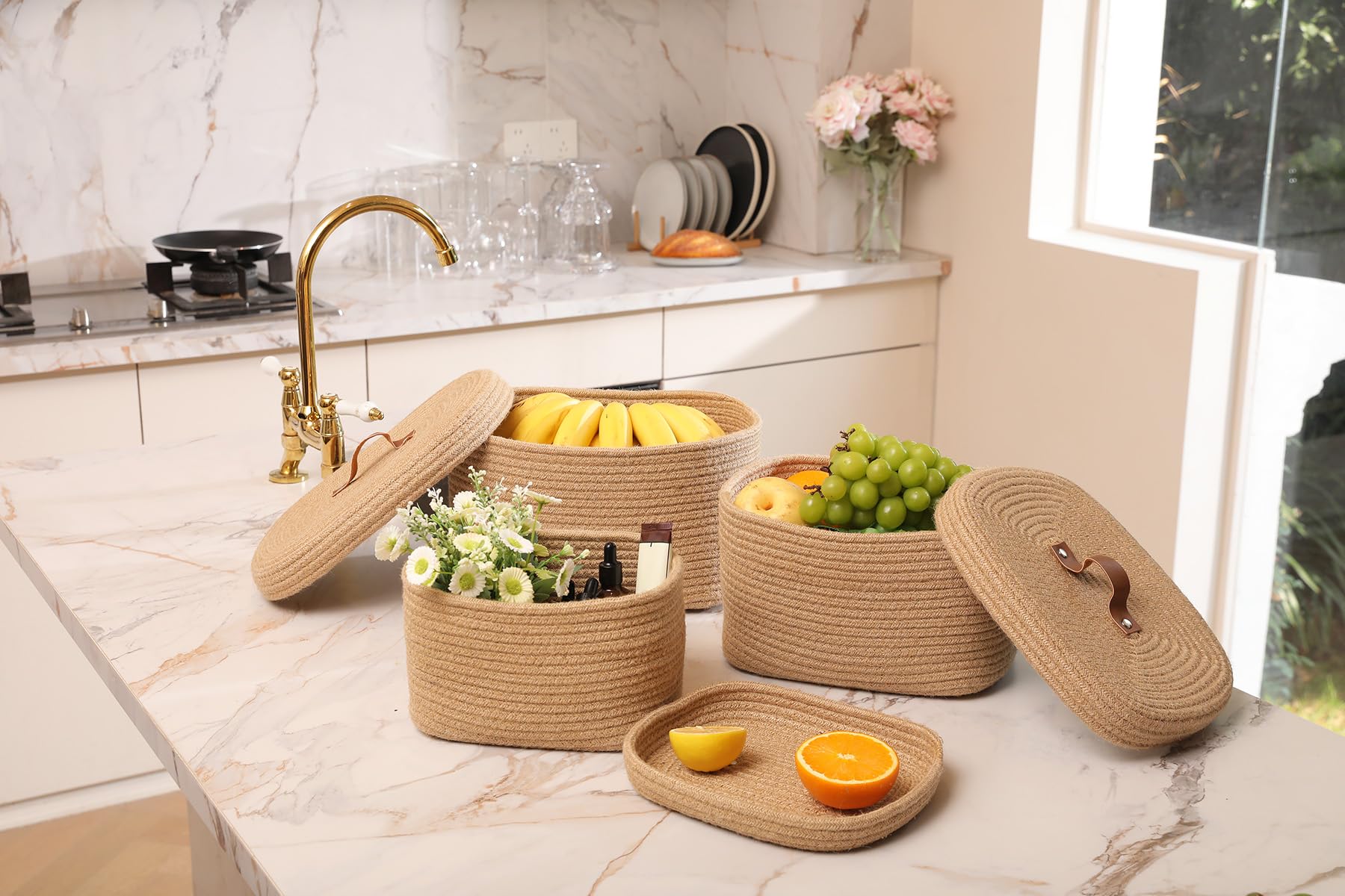Set of 3 Nesting Woven Storage Baskets with Lids, Cotton Rope Decorative Basket Set for Shelf Closet Living Room Organizing, Rectangular Natural Jute