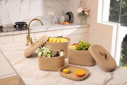 Set of 3 Nesting Woven Storage Baskets with Lids, Cotton Rope Decorative Basket Set for Shelf Closet Living Room Organizing, Rectangular Natural Jute