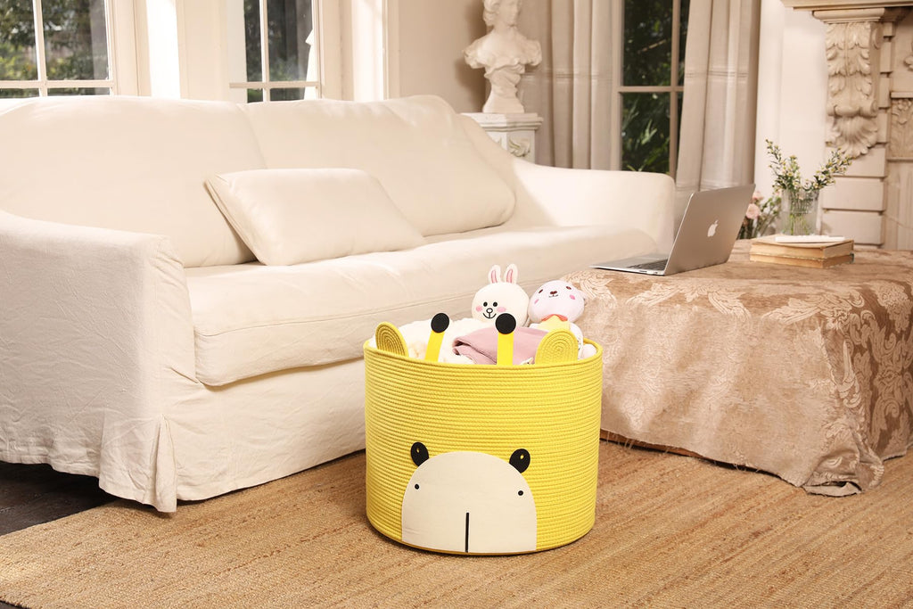 18x15 Inch Giraffe Basket, Open Cotton Rope Animal Storage Bin for Kids Bedroom Playroom, Cute Woven Laundry Basket, Yellow