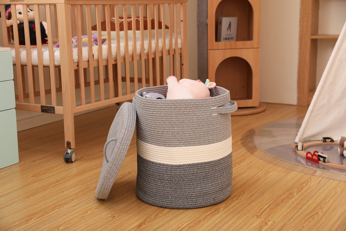 16" x 16" x 18" Large Cotton Rope Storage Basket with Lid, Dual Grey