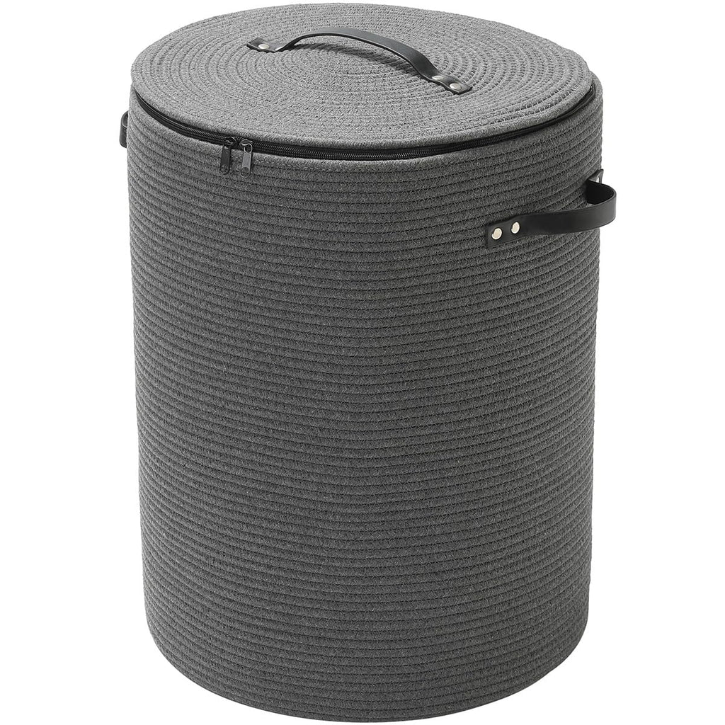 16"x20" Extra Large Cotton Rope Basket with Zipper Lid, Woven Laundry Hamper and Blanket Storage Basket, Round Clothes Bin for Living Room Bedroom, Dark Grey
