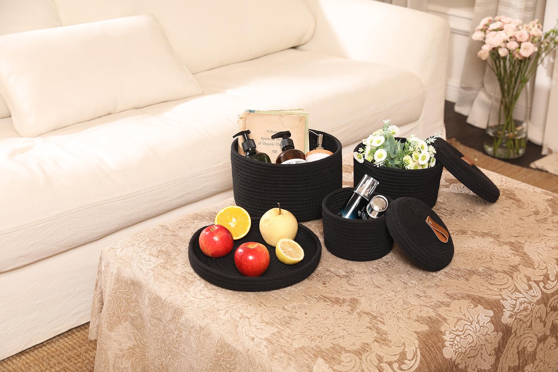 Set of 3 Small Woven Baskets with Lids, Cotton Rope Round Nesting Storage Basket Set for Shelf Nightstand Bathroom, 10x6 8x5 6x4 Inch, Black