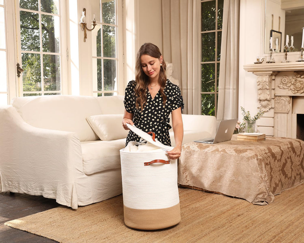 16"x20" Extra Large Cotton Rope Basket with Zipper Lid, Woven Laundry Hamper and Blanket Storage Basket, Round Clothes Bin for Living Room Bedroom, Cream & Camel