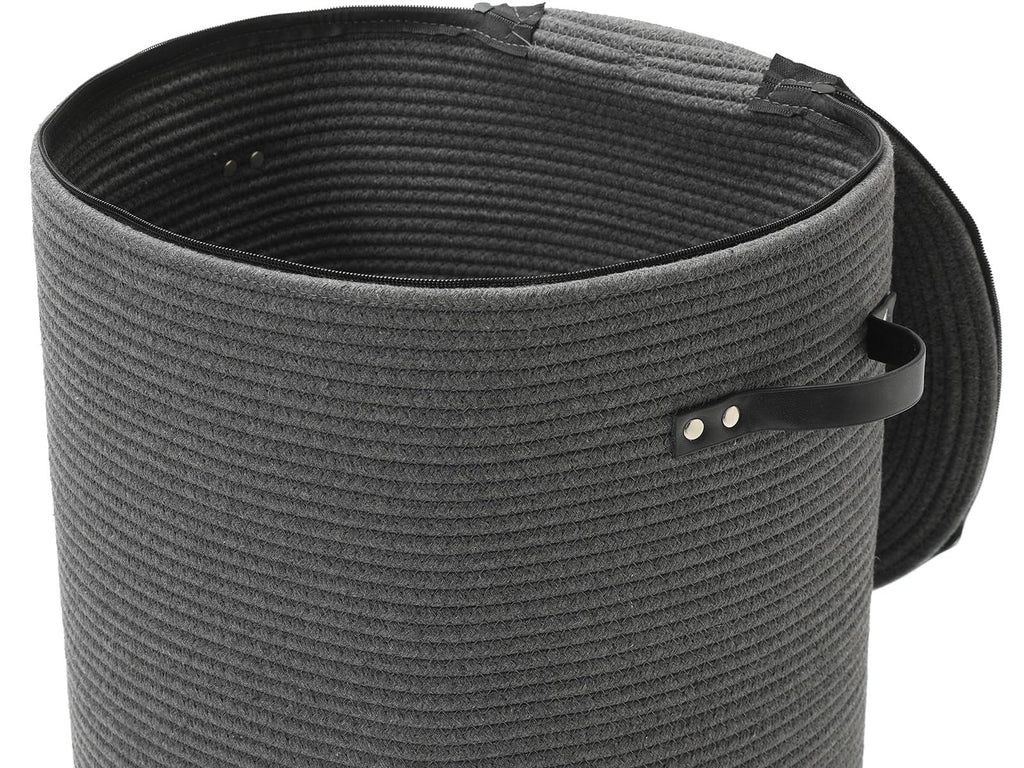16"x20" Extra Large Cotton Rope Basket with Zipper Lid, Woven Laundry Hamper and Blanket Storage Basket, Round Clothes Bin for Living Room Bedroom, Dark Grey