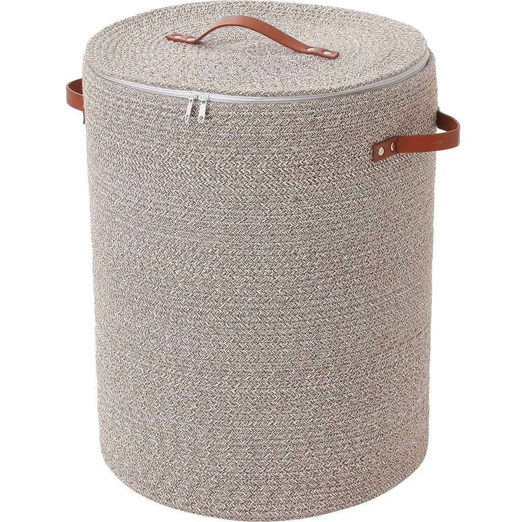 16"x20" Extra Large Cotton Rope Basket with Zipper Lid, Woven Laundry Hamper and Blanket Storage Basket, Round Clothes Bin for Living Room Bedroom, Camel & White Mix