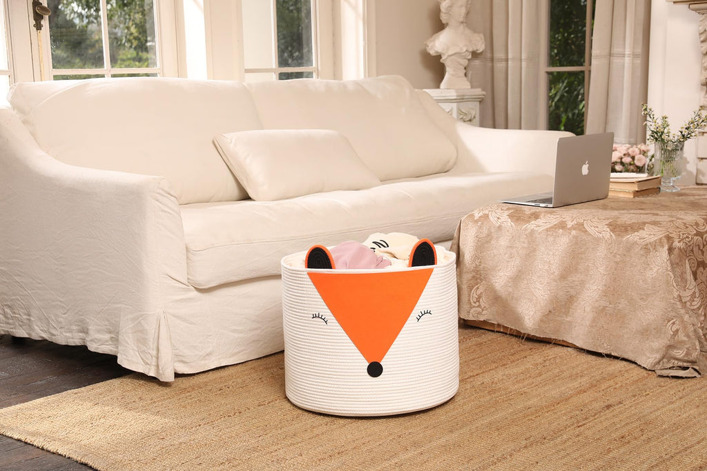 18x15 Inch Fox Basket, Open Cotton Rope Animal Storage Bin for Kids Bedroom Playroom, Cute Woven Laundry Basket, Orange