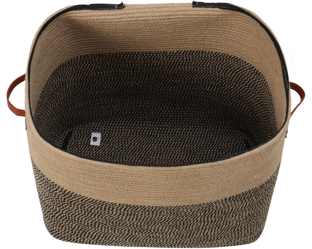 22x14x18 Inch Extra Large Rectangular Cotton Rope Basket with Zipper Lid, Decorative Blanket Storage Chest for Living Room Bedroom, Jute & Black Mix