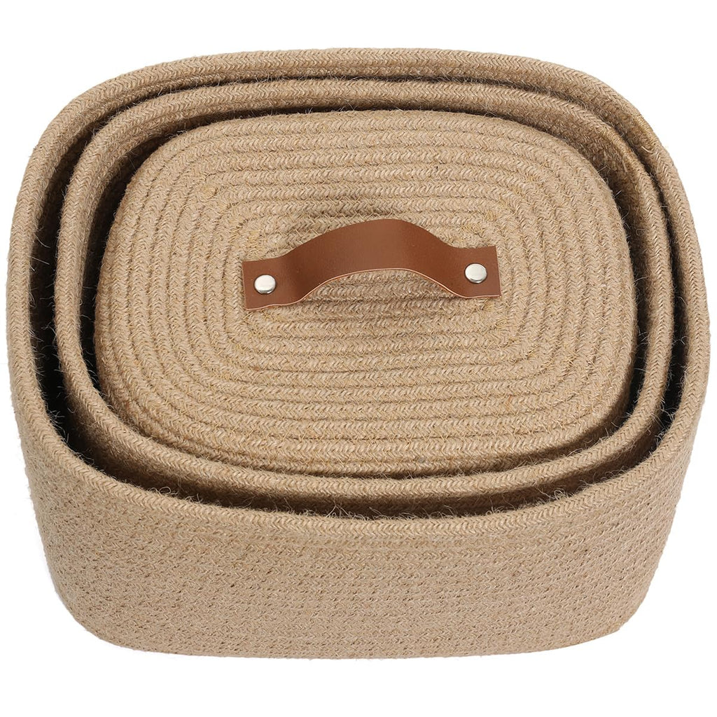 Set of 3 Nesting Woven Storage Baskets with Lids, Cotton Rope Decorative Basket Set for Shelf Closet Living Room Organizing, Rectangular Natural Jute