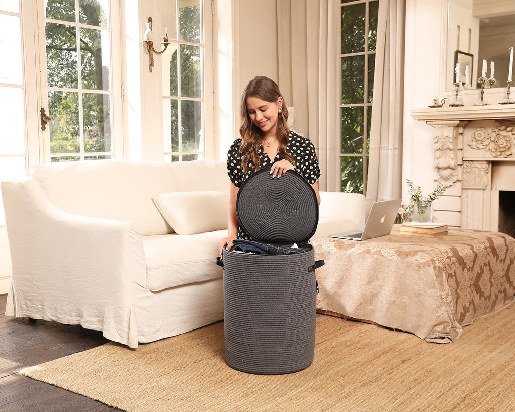 16"x20" Extra Large Cotton Rope Basket with Zipper Lid, Woven Laundry Hamper and Blanket Storage Basket, Round Clothes Bin for Living Room Bedroom, Dark Grey