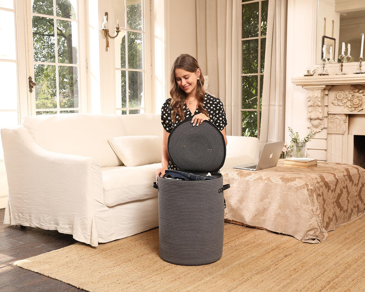 16"x20" Extra Large Cotton Rope Basket with Zipper Lid, Woven Laundry Hamper and Blanket Storage Basket, Round Clothes Bin for Living Room Bedroom, Dark Grey