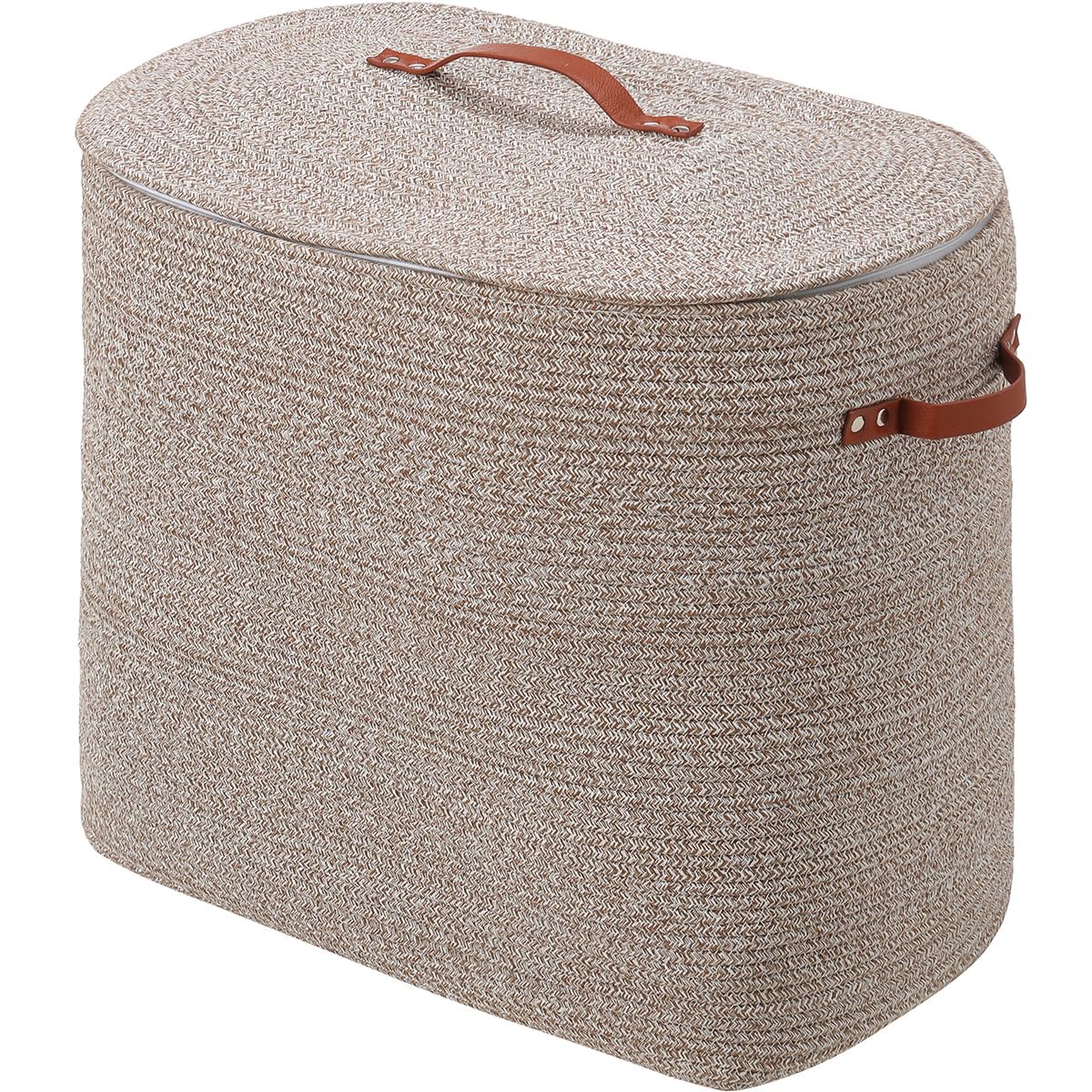 22x14x18 Inch Extra Large Rectangular Cotton Rope Basket with Zipper Lid, Decorative Blanket Storage Chest for Living Room Bedroom, Camel & White Mix