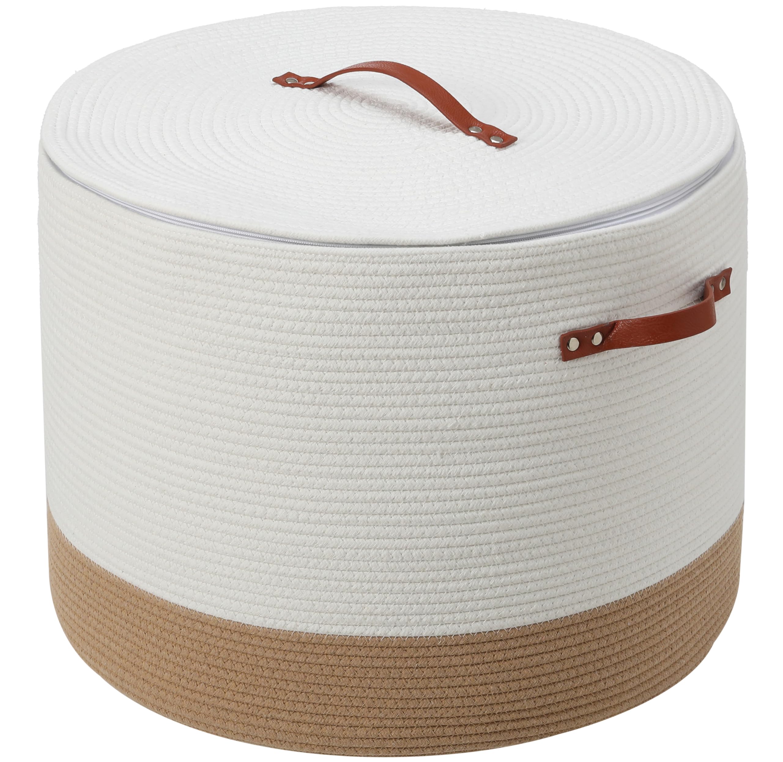 20x15 Inch Extra Large Round Cotton Rope Basket with Zipper Lid, Decorative Woven Storage Bin for Living Room Bedroom Closet, Cream & Camel