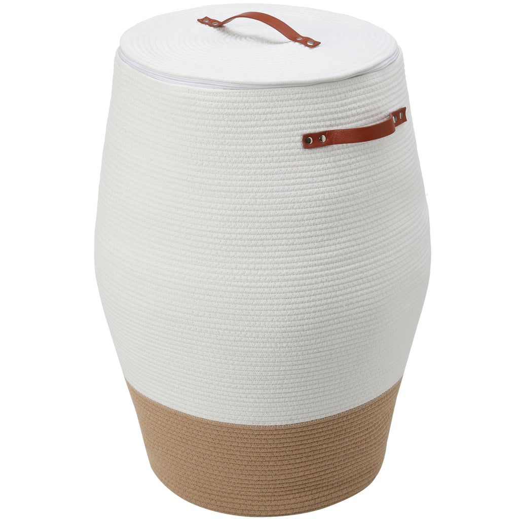 26"x20" Extra Large Tall Woven Laundry Basket with Lid, Cotton Rope Blanket Storage Basket, Freestanding Decorative Bin for Bedroom Living Room, Cream & Camel