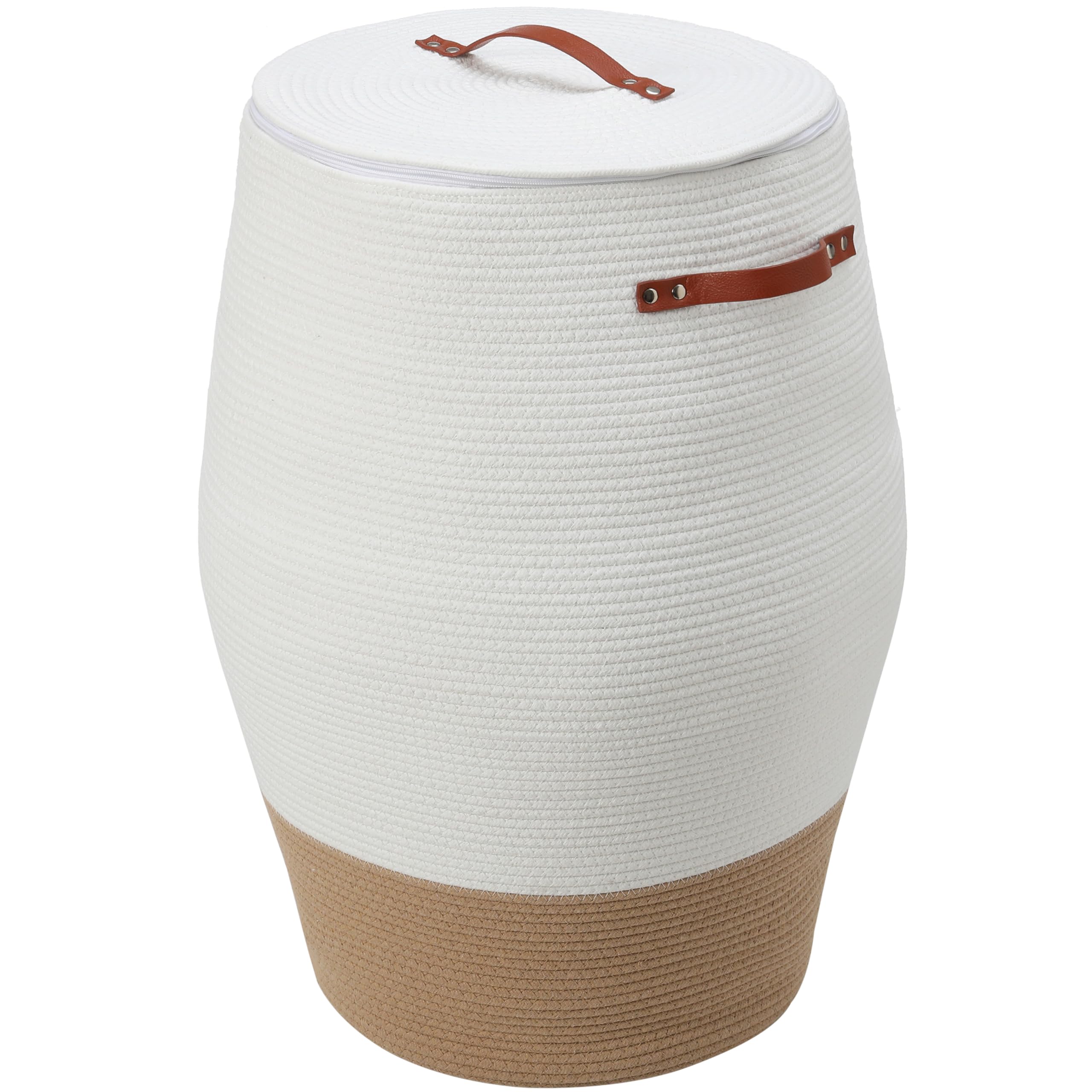 26"x20" Extra Large Tall Woven Laundry Basket with Lid, Cotton Rope Blanket Storage Basket, Freestanding Decorative Bin for Bedroom Living Room, Cream & Camel