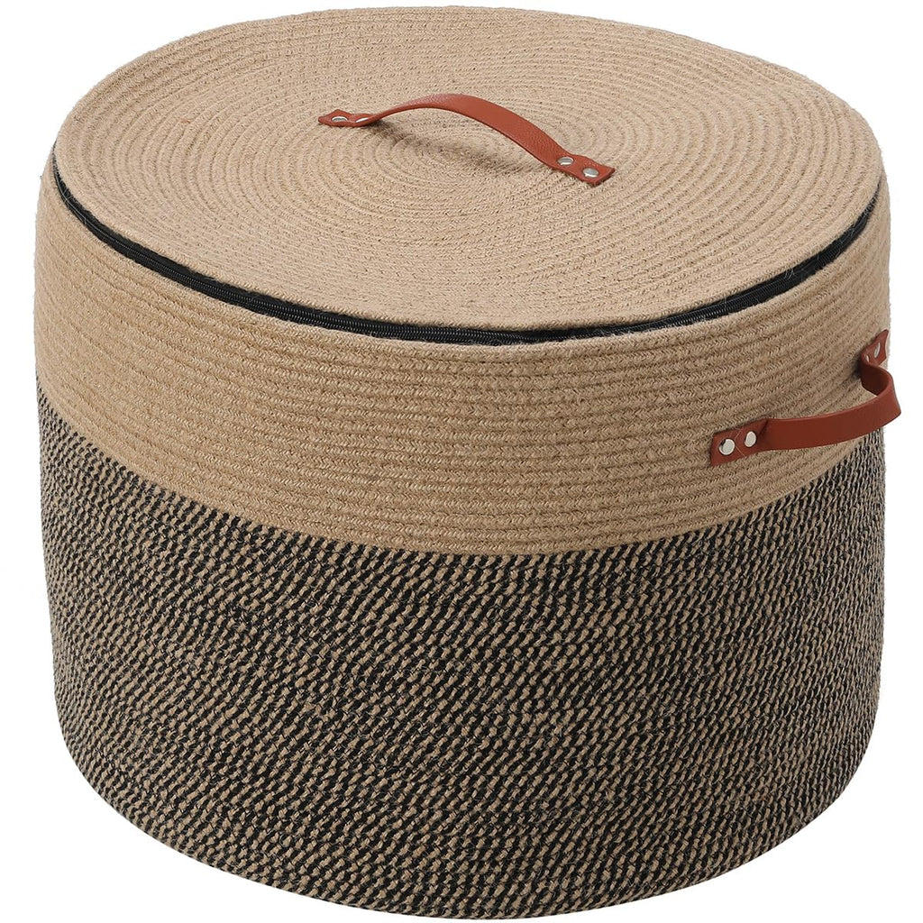20x15 Inch Extra Large Round Cotton Rope Basket with Zipper Lid, Decorative Woven Storage Bin for Living Room Bedroom Closet, Natural Jute