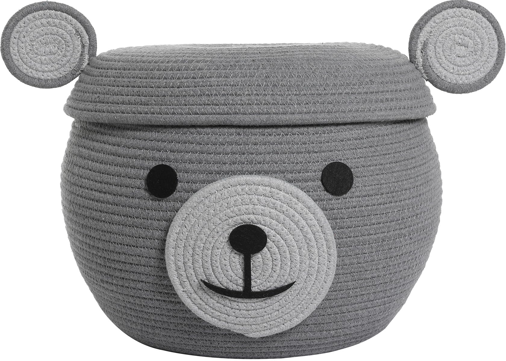 15x12 Inch Bear Hamper with Lid, Handcrafted Cotton Rope Animal Storage Basket, Woven Teddy Bear Bin for Kids Bedroom Playroom, Grey