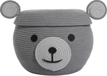 15x12 Inch Bear Hamper with Lid, Handcrafted Cotton Rope Animal Storage Basket, Woven Teddy Bear Bin for Kids Bedroom Playroom, Grey