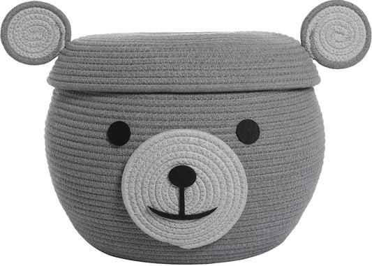 15x12 Inch Bear Hamper with Lid, Handcrafted Cotton Rope Animal Storage Basket, Woven Teddy Bear Bin for Kids Bedroom Playroom, Grey