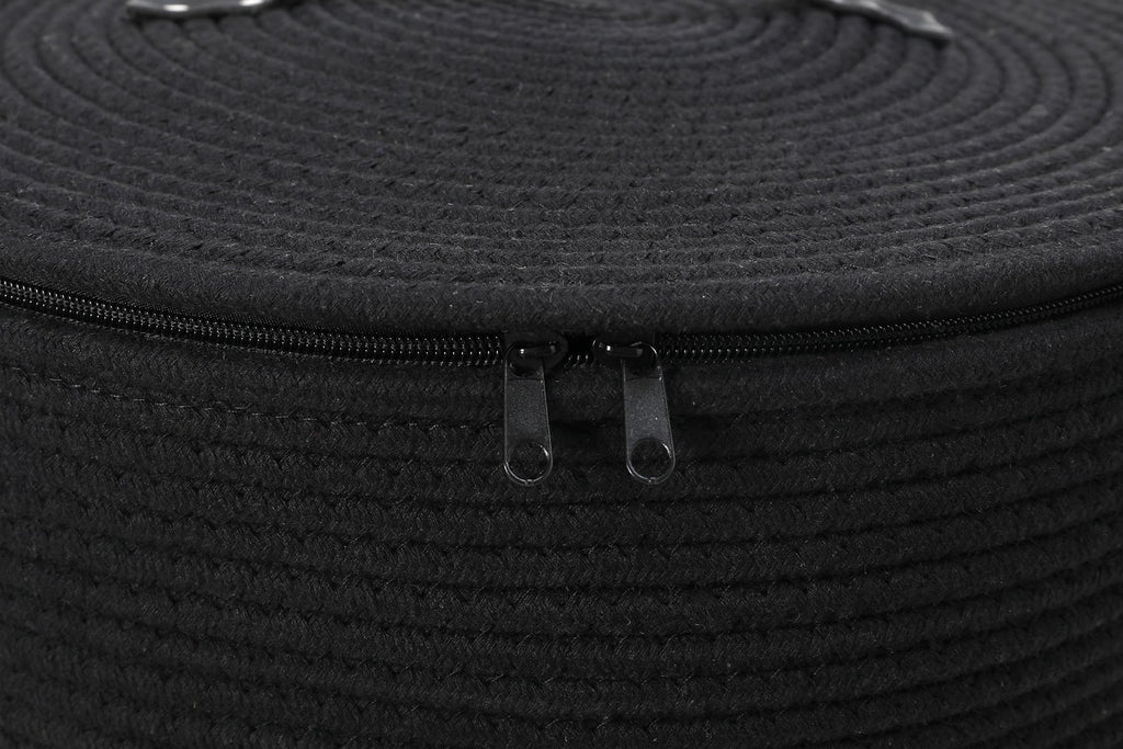 16"x20" Extra Large Cotton Rope Basket with Zipper Lid, Woven Laundry Hamper and Blanket Storage Basket, Round Clothes Bin for Living Room Bedroom, Black