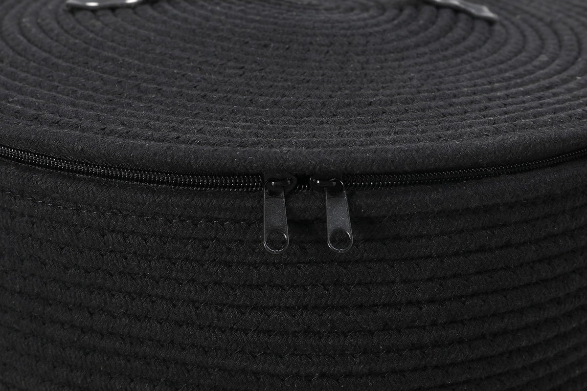 16"x20" Extra Large Cotton Rope Basket with Zipper Lid, Woven Laundry Hamper and Blanket Storage Basket, Round Clothes Bin for Living Room Bedroom, Black