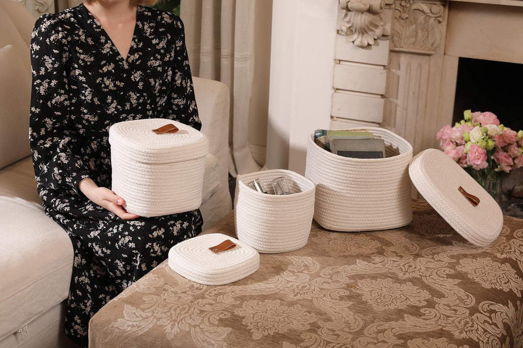 Set of 3 Nesting Woven Storage Baskets with Lids, Cotton Rope Decorative Basket Set for Shelf Closet Living Room Organizing, Square Off White